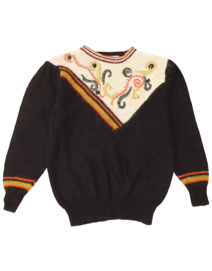 Vintage Damen Rundhalspullover Pullover UK 14 Medium Schwarz Geometrisch