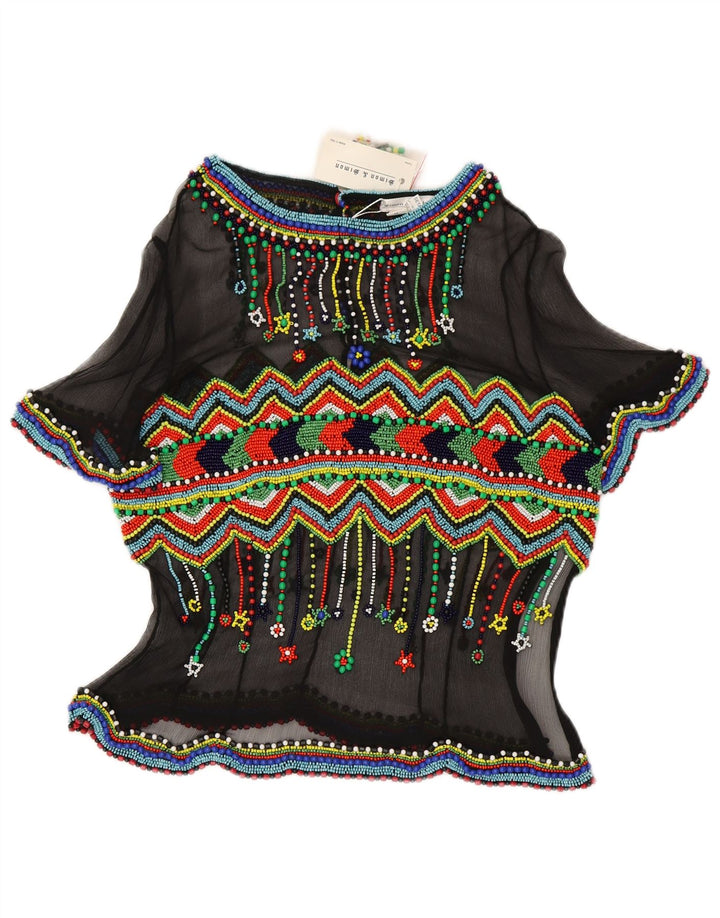 Vintage Damen Durchsichtiges Blusentop IT 48 XL Schwarze geometrische Seide