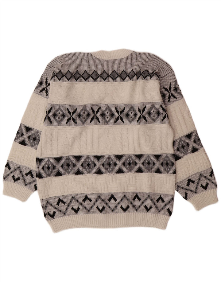 VINTAGE Herren-Pullover mit Rundhalsausschnitt, groß, weiß, Fair Isle
