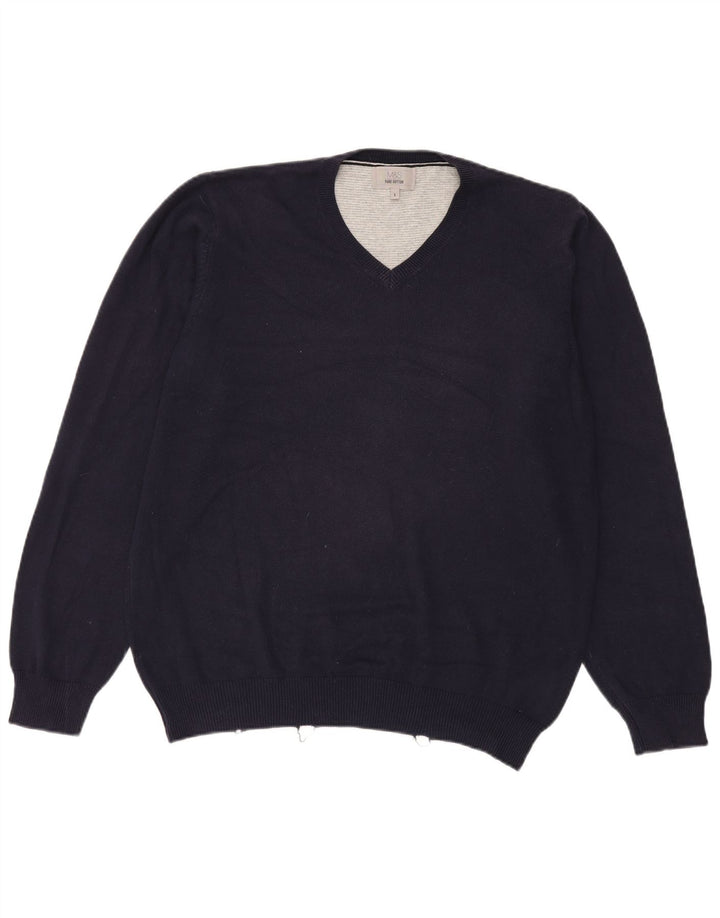 Marks & Spencer Herren-Pullover mit V-Ausschnitt, groß, marineblaue Baumwolle