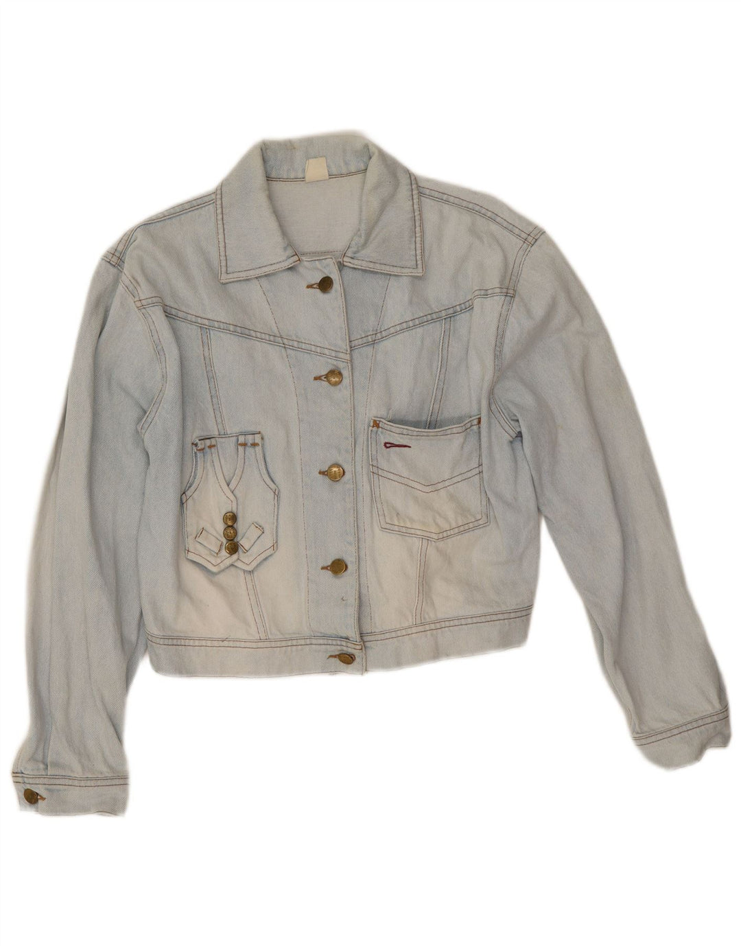 Vintage Damen Crop Graphic Jeansjacke UK 10 Small Blaue Baumwolle