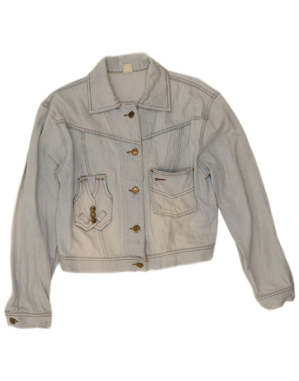 Vintage Damen Crop Graphic Jeansjacke UK 10 Small Blaue Baumwolle
