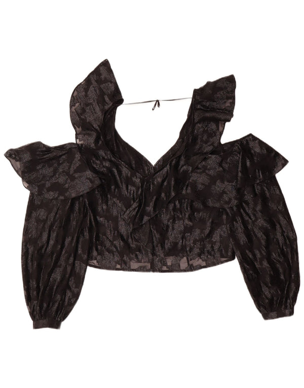 Vintage Damen Crop LangarmBluse Top UK 14 Mittelschwarz geblümt