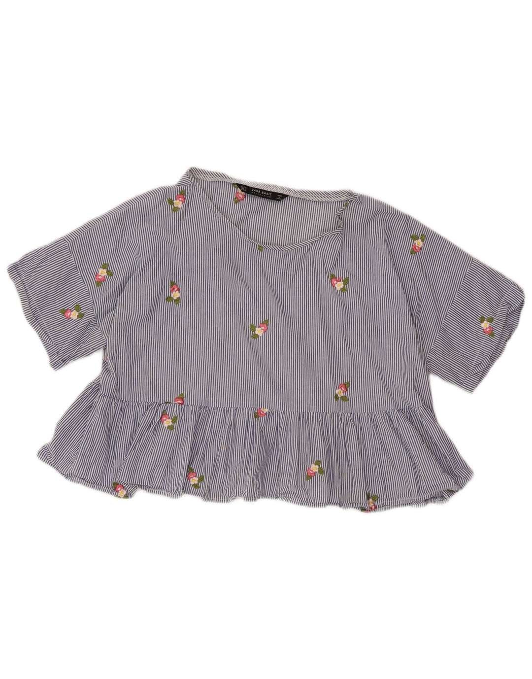 ZARA Damen Crop Bluse Top UK 14 Mittelblauer Nadelstreifen