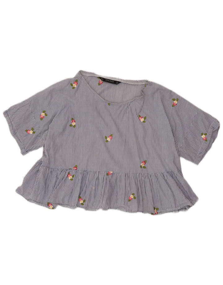 ZARA Damen Crop Bluse Top UK 14 Mittelblauer Nadelstreifen