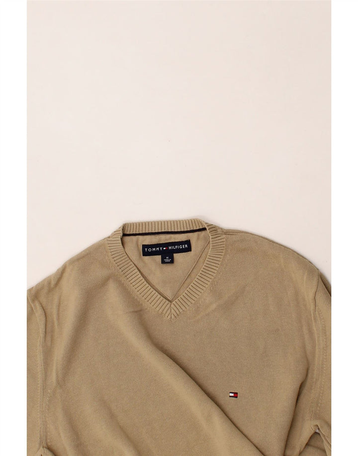 TOMMY HILFIGER Mens V-Neck Jumper Sweater Medium Beige Cotton Vintage Tommy Hilfiger and Second-Hand Tommy Hilfiger from Messina Hembry 