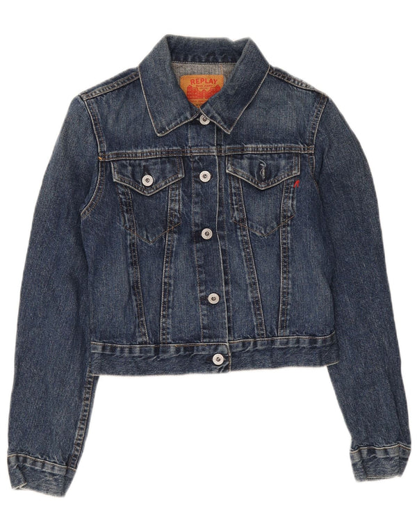 Replay Damen Crop Denim Jacke UK 8 Small Blau Baumwolle