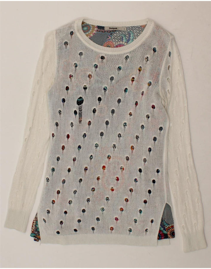 DESIGUAL Womens Boat Neck Jumper Sweater UK 10 Small White Polyester Vintage Desigual and Second-Hand Desigual from Messina Hembry 