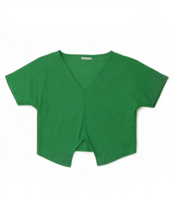 Zara Damen Crop Bluse Top UK 16 Large Grün Polyester