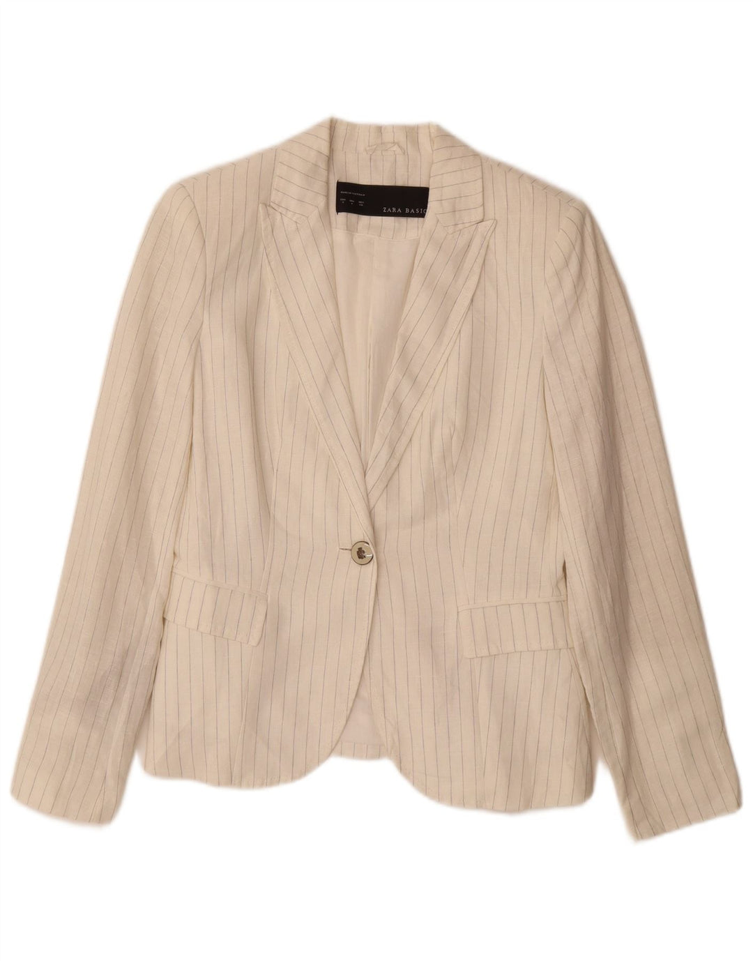 ZARA Damen-Blazerjacke mit 1 Knopf, Gr. 10, Größe S, cremefarbenes, gestreiftes Leinen