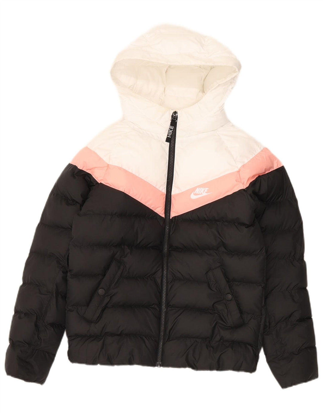 Nike Mädchen-Kapuzenjacke, gepolstert, 10–11 Jahre, Mittelschwarz, Farbblock