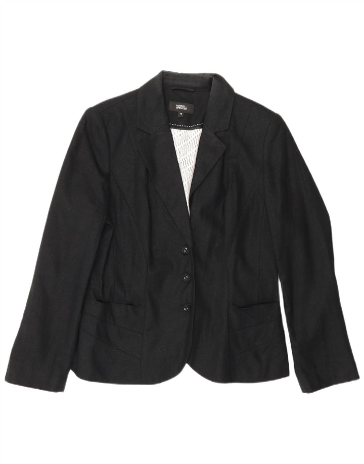 Marks & Spencer Damen-Blazer mit 3 Knöpfen, UK 14, Mittelschwarz, Leinen