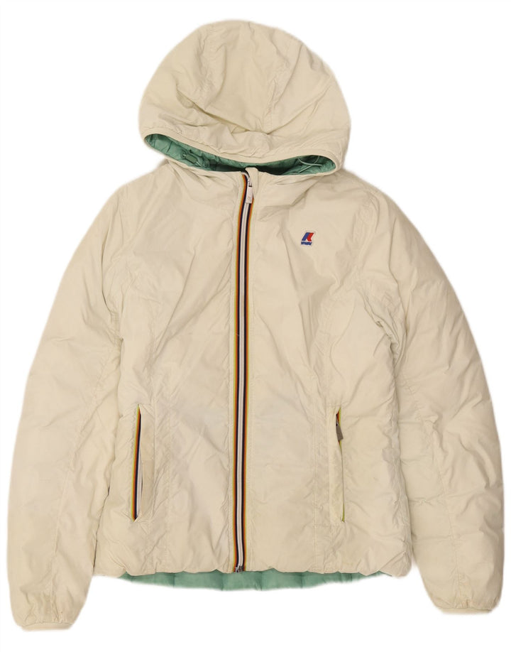 K-Way Mädchen-Wendejacke mit Kapuze, wattiert, 11–12 Jahre, cremefarbenes Polyamid