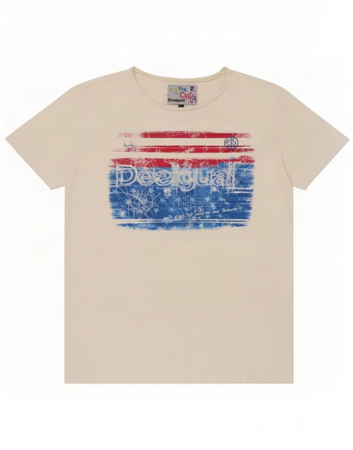 Desigual Herren Grafik-T-Shirt-Oberteil aus mittelweißer Baumwolle