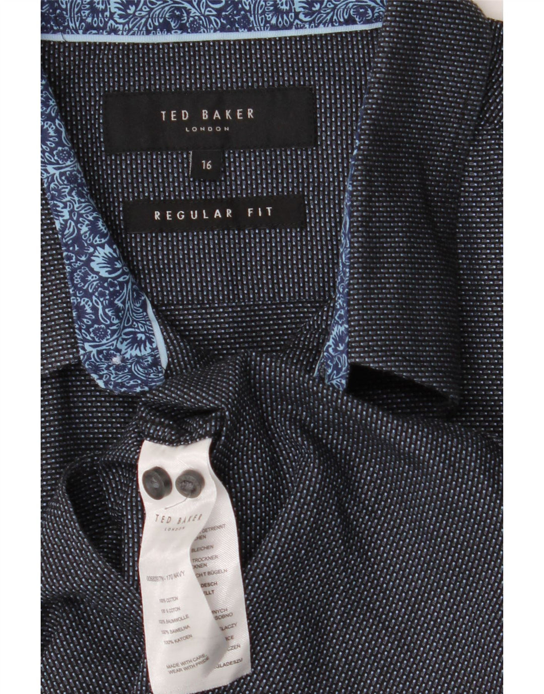 TED BAKER Herren-Hemd mit normaler Passform, Größe 16, große marineblau gepunktete Baumwolle