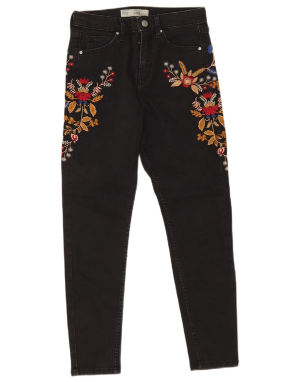 Topshop Damen Jamie Skinny Jeans W28 L25 Schwarz geblümte Baumwolle