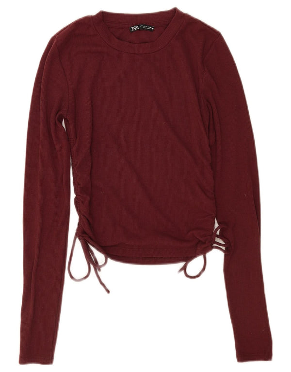 Zara Damen Crop Top Langarm UK 10 Small Burgund Polyester