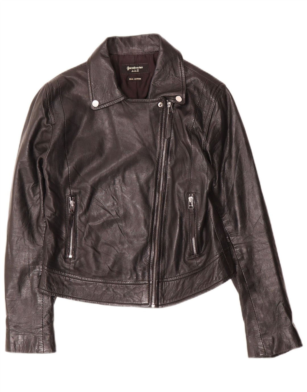 Stradivarius Damen Lederjacke UK 14 Großes schwarzes Leder