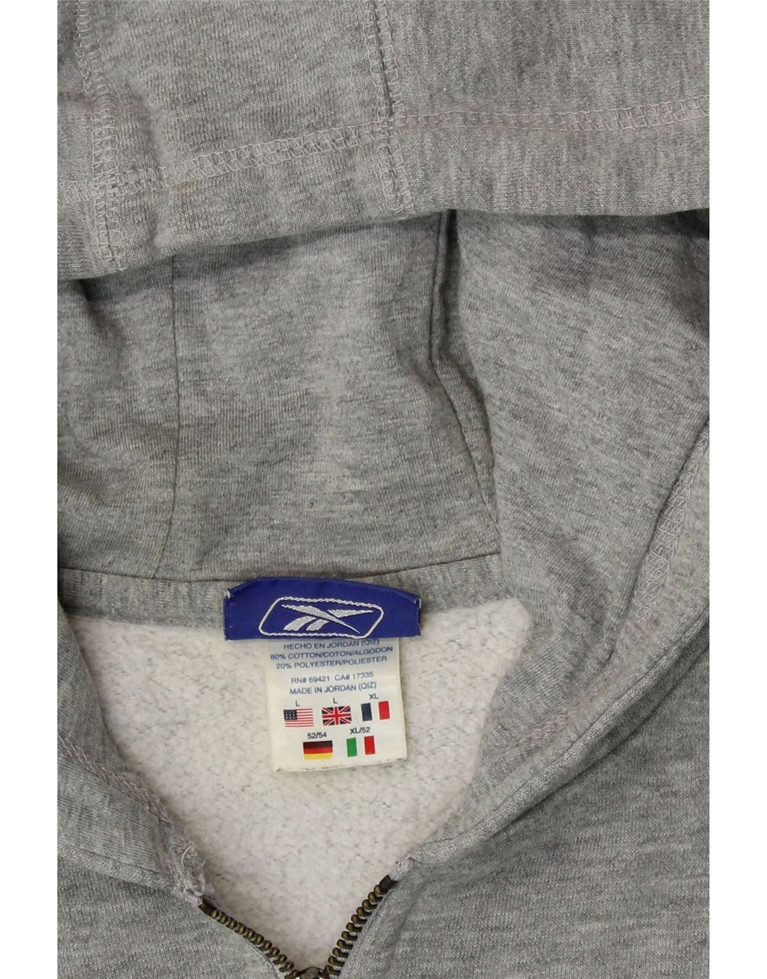 REEBOK Mens Zip Hoodie Sweater Large Grey Cotton Vintage Reebok and Second-Hand Reebok from Messina Hembry 