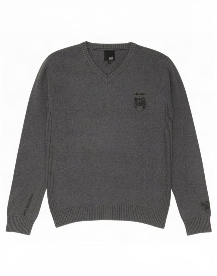 Jack & Jones Herren-Pullover mit V-Ausschnitt aus mittelgrauer Baumwolle