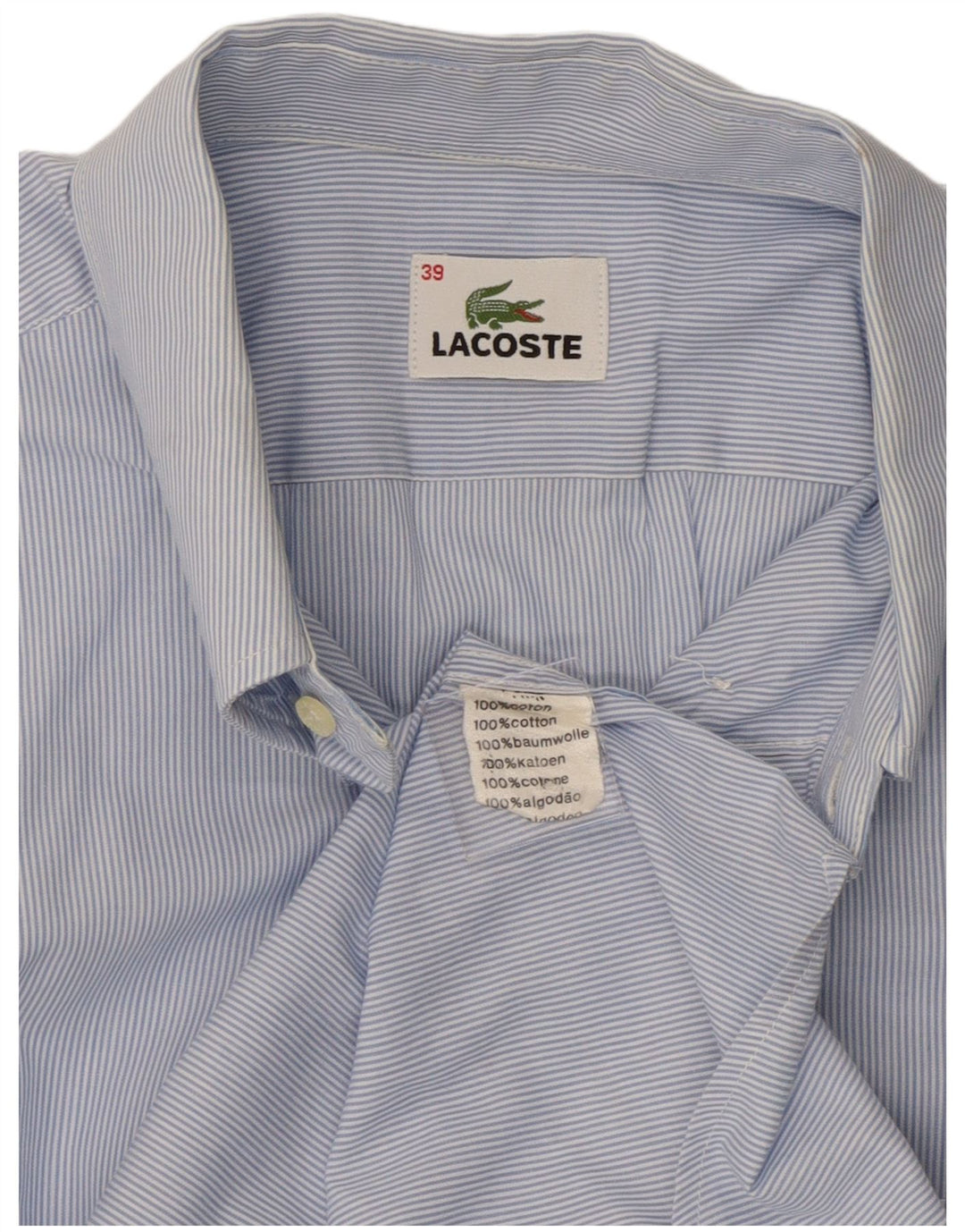 Lacoste Herren-Kurzarmhemd, Größe 39, mittelblaue Nadelstreifen-Baumwolle
