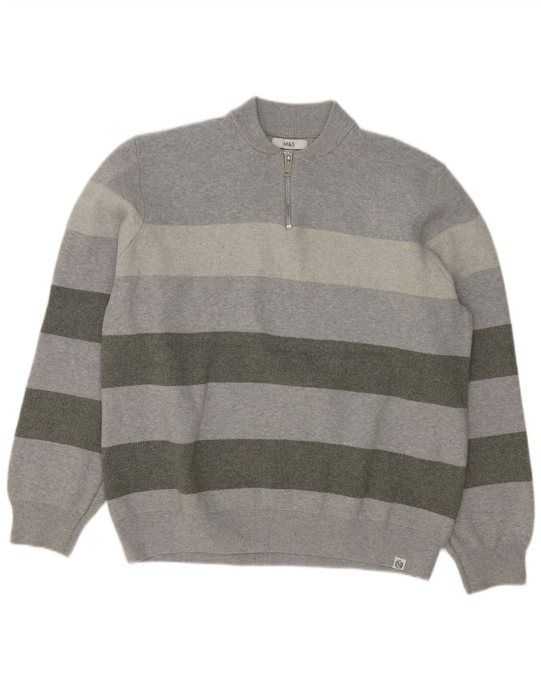 Marks & Spencer Herren-Pullover mit Reißverschluss am Hals, 2XL, grau gestreift, Baumwolle