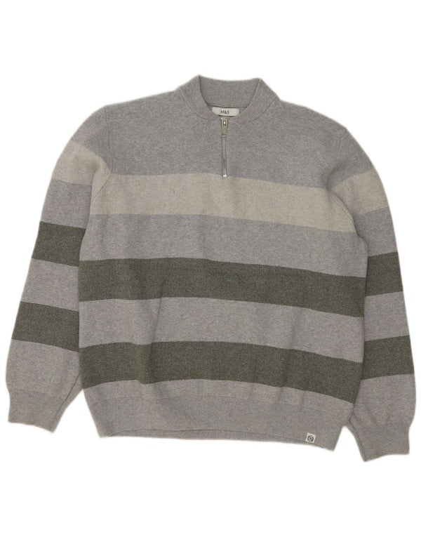 Marks & Spencer Herren-Pullover mit Reißverschluss am Hals, 2XL, grau gestreift, Baumwolle
