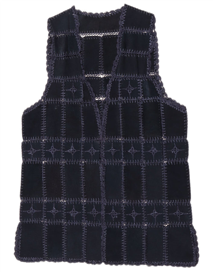 Vintage Damen Wildleder Gilet UK 14 Medium Navy Blue Patchwork