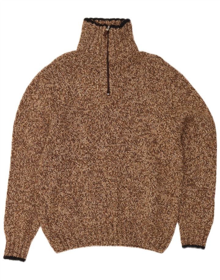 Zanolini Herren-Pullover mit Reißverschluss am Hals, mittelbraun gesprenkelte Wolle
