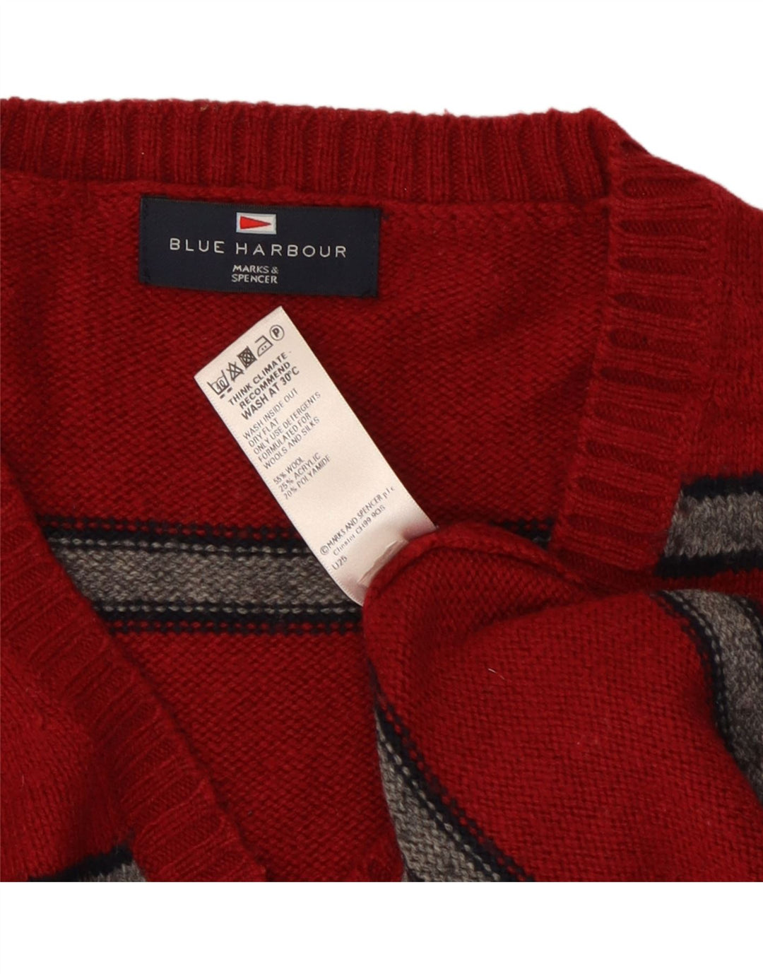 Marks & Spencer Herren-Pullover, blau, Harbour, V-Ausschnitt, groß, rot gestreift