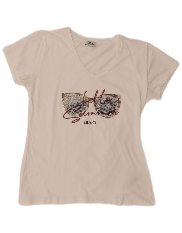 Liu Jo Damen Grafik-T-Shirt-Oberteil UK 16 Large Weiße Baumwolle