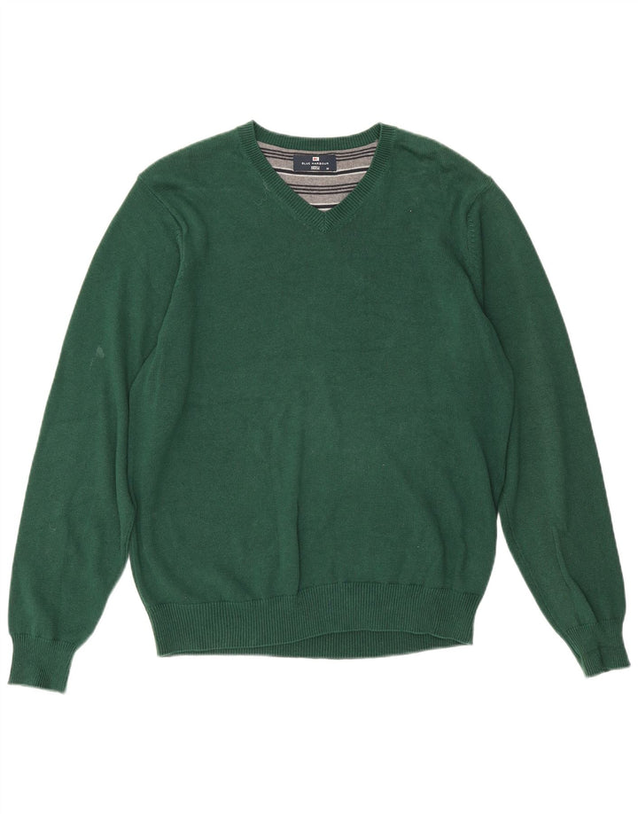 Marks & Spencer Herren Blauer Harbor-Pullover mit V-Ausschnitt aus mittelgrüner Baumwolle
