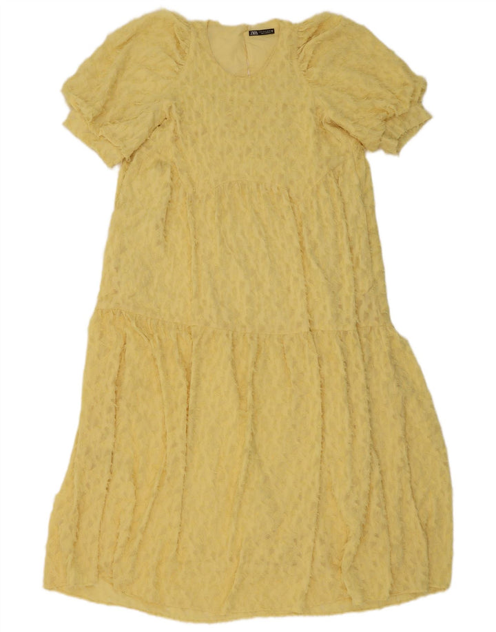 Zara Damen-Kleid mit abstraktem Muster, gestuft, UK 12, Mittelgelb, Polyester