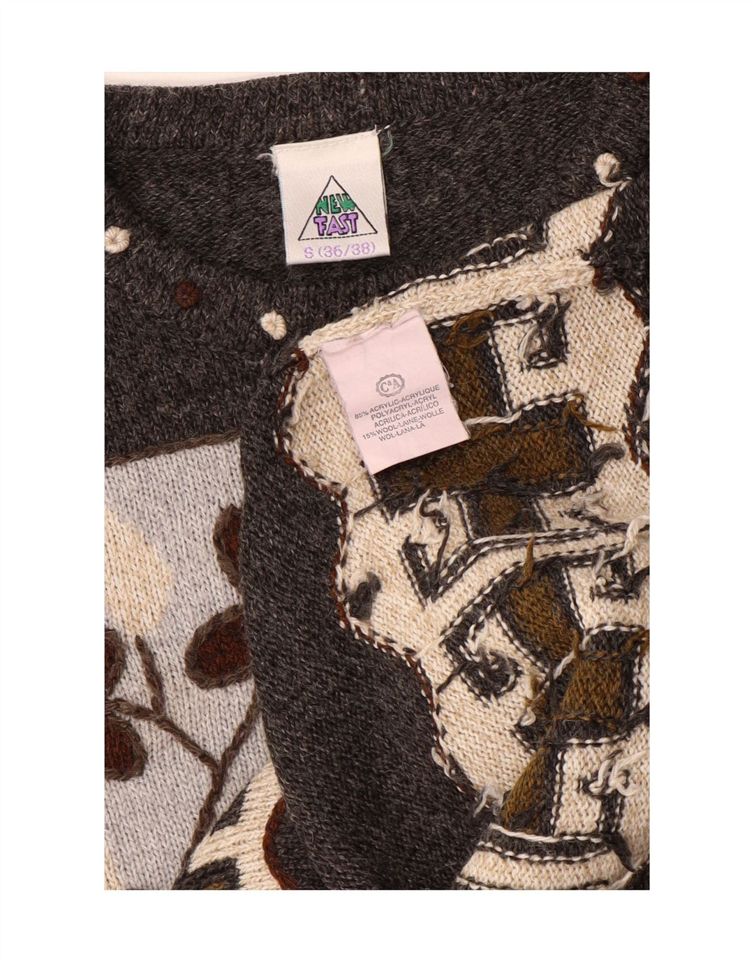 C&A Damen Longline-Pullover mit Rundhalsausschnitt, EU 36/38, klein, grau, geometrisch