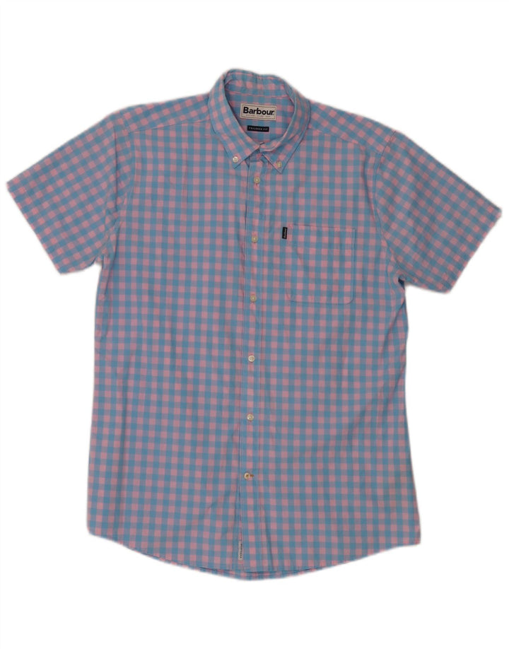 Barbour Herren Kurzarm-Hemd mit maßgeschneiderter Passform, mittelblaue Gingham-Baumwolle