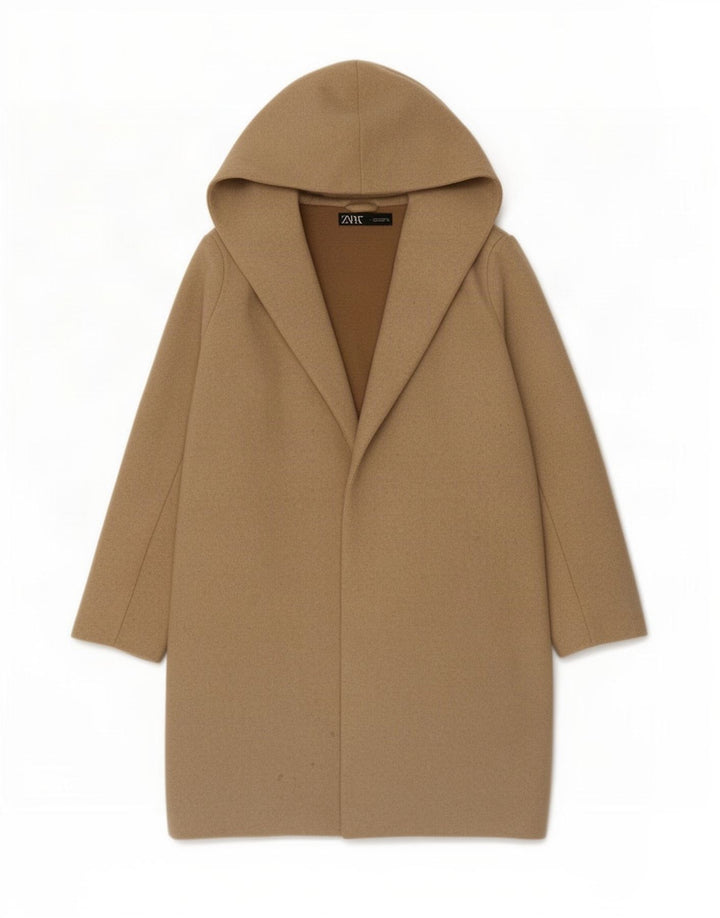 Zara Damen Übergroßer, offener Mantel mit Kapuze, UK 14, mittelbeigefarbenes Polyester