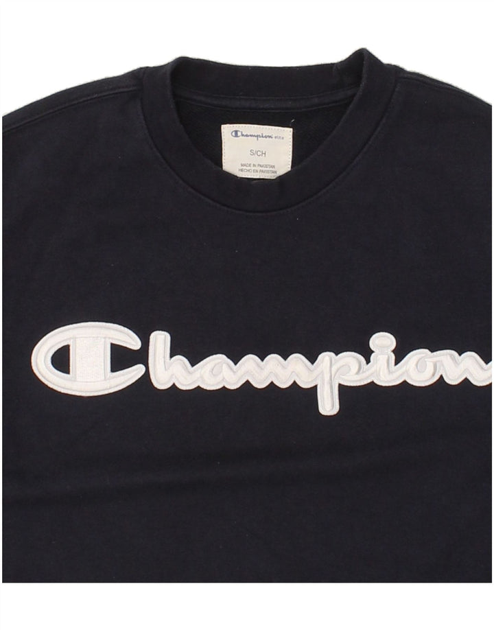 CHAMPION Mens Graphic Sweatshirt Jumper Small Navy Blue Cotton Vintage Champion and Second-Hand Champion from Messina Hembry 