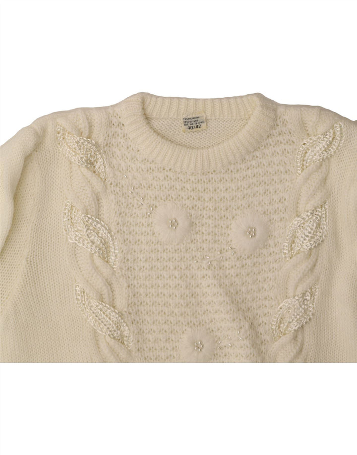 VINTAGE Womens Crew Neck Jumper Sweater EU 40/42 Medium White Polyester Vintage Vintage and Second-Hand Vintage from Messina Hembry 