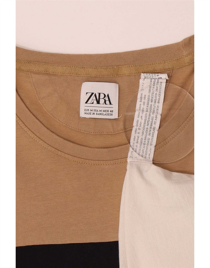 Zara Herren-T-Shirt-Oberteil aus mittelbeigefarbener Colourblock-Baumwolle