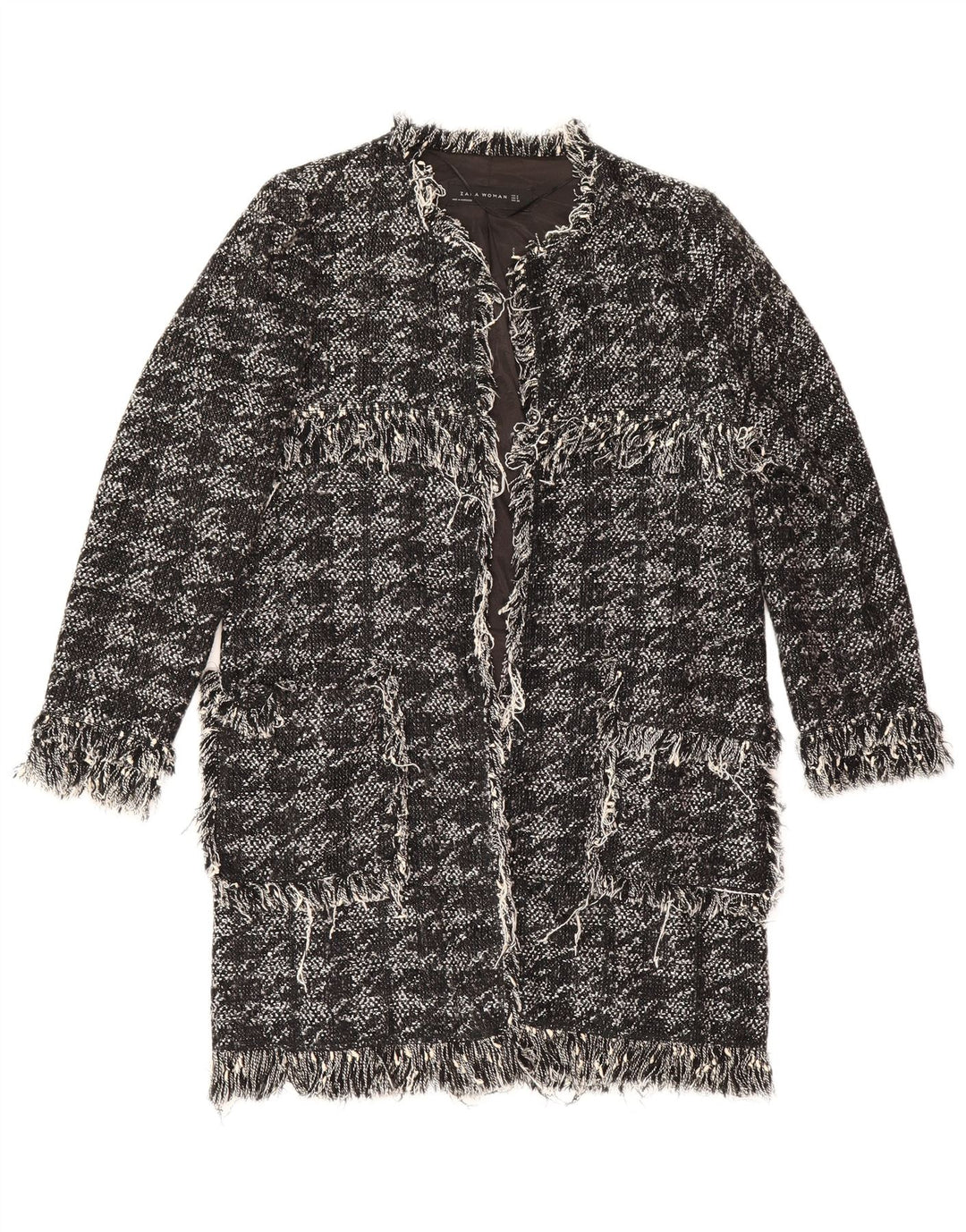 Zara Womens Open Overcoat UK 10 Small Schwarze Hahnentritt-Baumwolle
