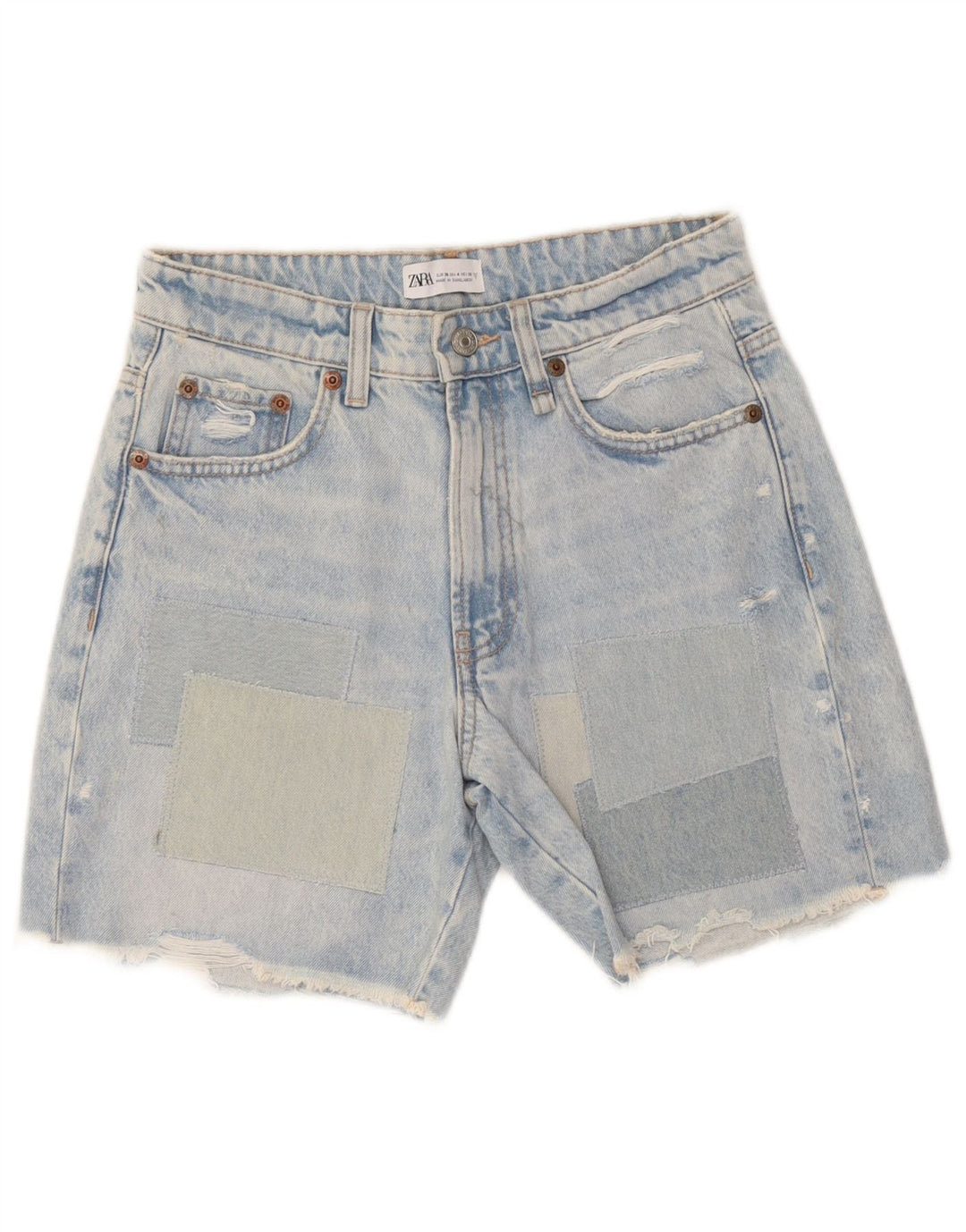 Zara Damen Distressed Denim Shorts EU 36 XS W26 Blaue Patchwork-Baumwolle