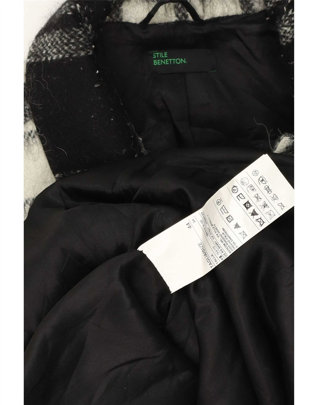Benetton Damen Mantel IT 44 Mittelschwarz karierte Wolle