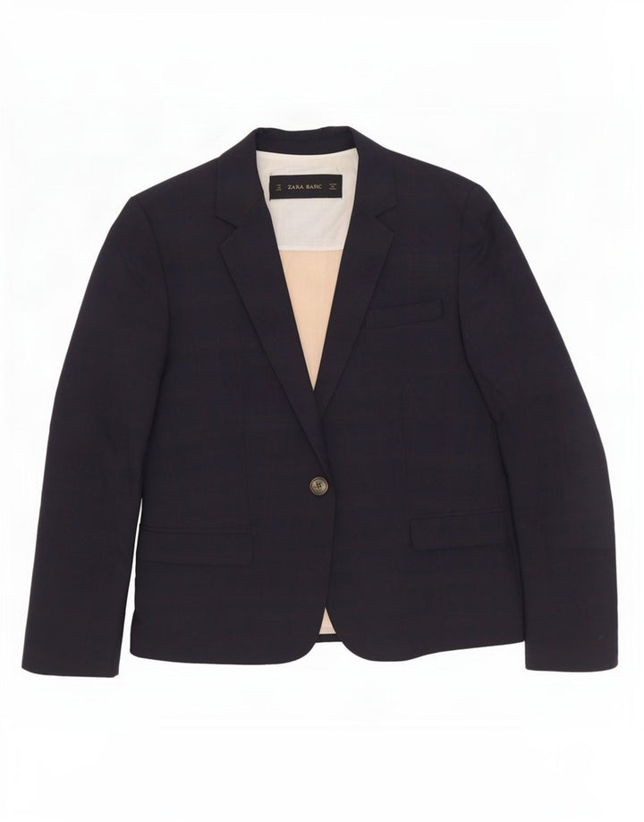 Zara Damen 1-Knopf-Blazerjacke UK 12 Mittelmarineblaue Baumwolle