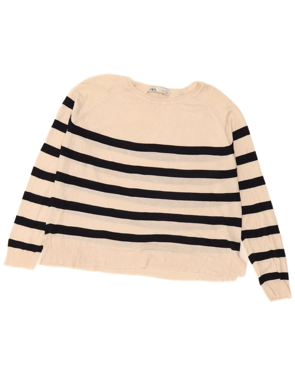 Zara Damen-Pullover mit U-Boot-Ausschnitt, Gr. 14, Mittel, gebrochenes Weiß, gestreift