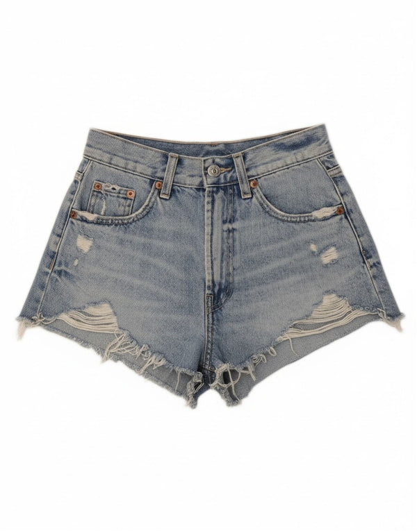 Zara Damen-Jeansshorts im Used-Look mit hoher Taille, EU 32, 2XS, W22, blaue Baumwolle