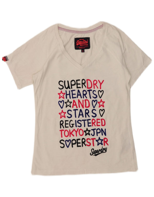 Superdry Damen-T-Shirt mit Grafik, UK 10, Größe S, weiße Baumwolle