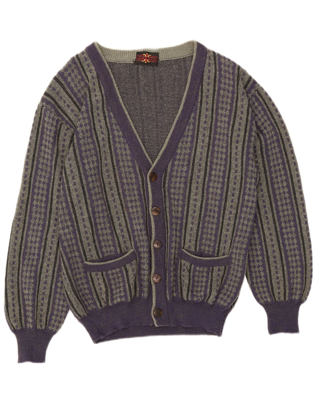 Vintage Herren Cardigan Pullover IT 50 Mittellila gestreift Wolle