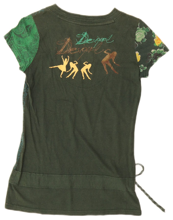 Desigual Damen Grafik-T-Shirt-Oberteil UK 12 Mittelgrün