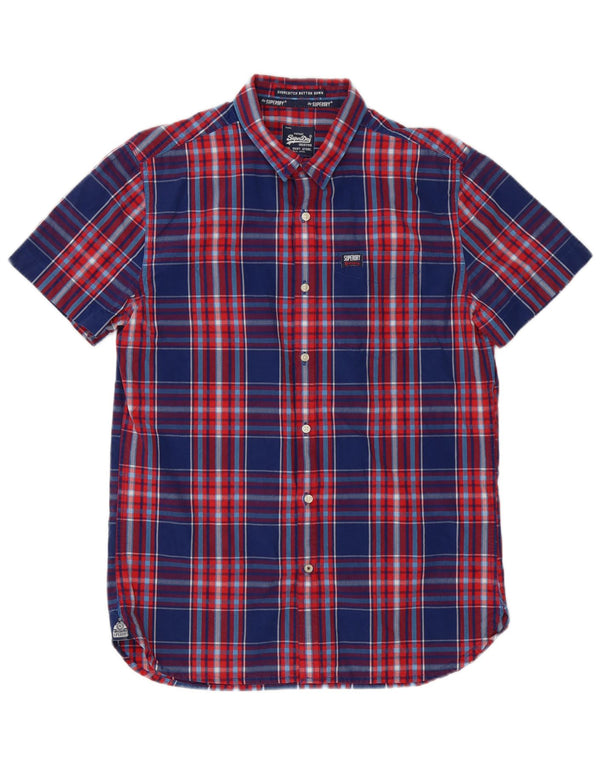 Superdry Mens Short Sleeve Shirt Large Navy Blue Check Cotton