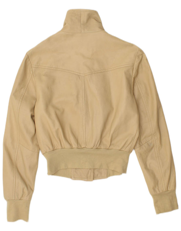 Vintage Damen Crop Bomberjacke UK 14 Großes Beige Leder